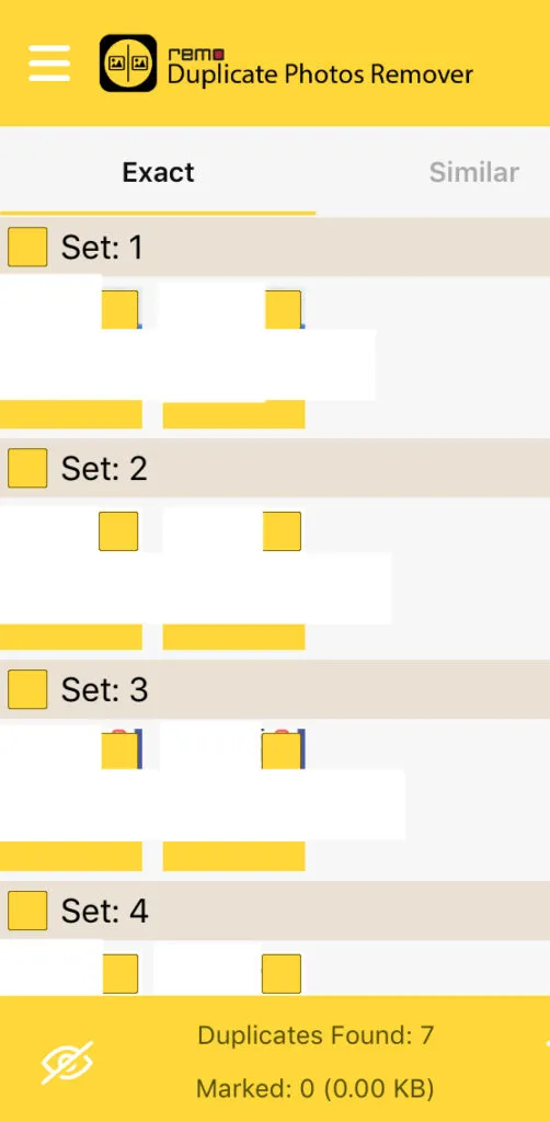 Remo Duplicate mostrando una lista de fotos duplicadas en un móvil. En el pie de la app, se observa un icono de un ojo con una línea diagonal.