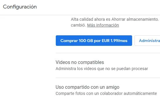 Apartado “Uso compartido con un amigo” de la configuración de Google Fotos.