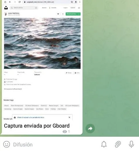 Chat de Telegram mostrando una captura de pantalla que fue enviada usando Gboard.
