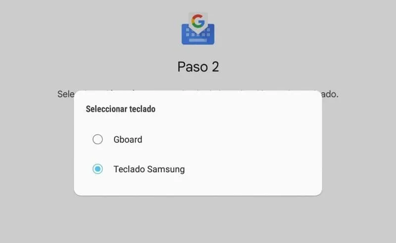 Modal “Seleccionar teclado” de la app de Gboard, el cual muestra la opción “Gboard”.