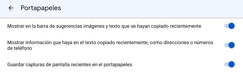 Menú del apartado “Portapapeles” de Gboard, en donde se puede observar que la opción “Guardar capturas de pantalla recientes en el portapapeles” está activada.