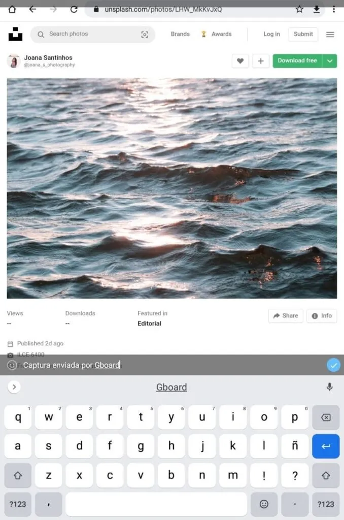 Vista previa de una captura de pantalla antes de ser enviada por Telegram usando Gboard.