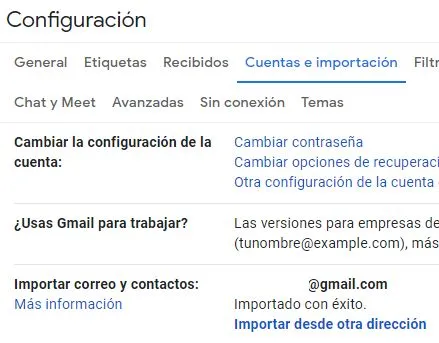 Pestaña “Cuentas e importación” de la ventana de configuración de Gmail, el cual muestra un apartado que dice “Importar correo y contactos”. 
