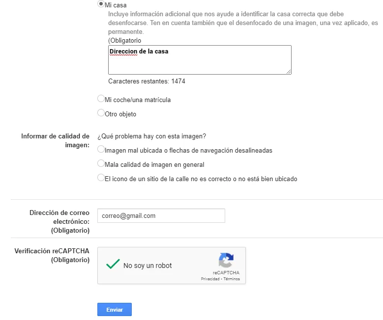 Formulario de Google Maps para notificar un problema con una imagen, el cual muestra las casillas para insertar los datos de la dirección de tu casa, tu correo electrónico, y la casilla de la verificación recaptcha.