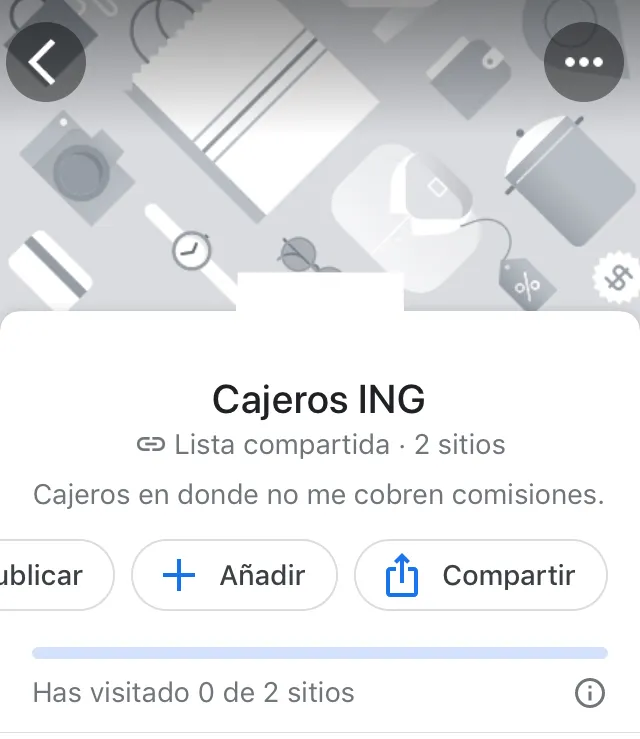 Lista de lugares de Google Maps, el cual muestra el botón “Compartir.”