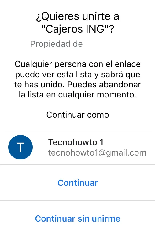 Modal de Google Maps preguntándole a un usuario si quiere unirse a una lista de Google Maps compartida por otro usuario.