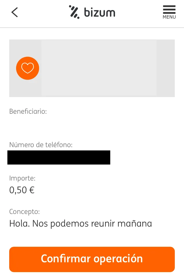 Usuario haciendo una transferencia por Bizum en la app de ING. Se observa el número de teléfono del destinatario del pago (censurado en la imagen).