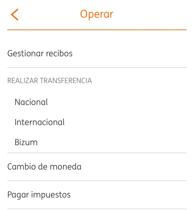 Cuenta de un usuario en la app del banco ING mostrando la opción de hacer transferencias por Bizum.