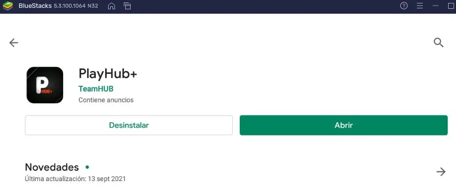 Ventana de descarga de PlayHub Plus en la Google Play Store mostrando el botón “Abrir”.