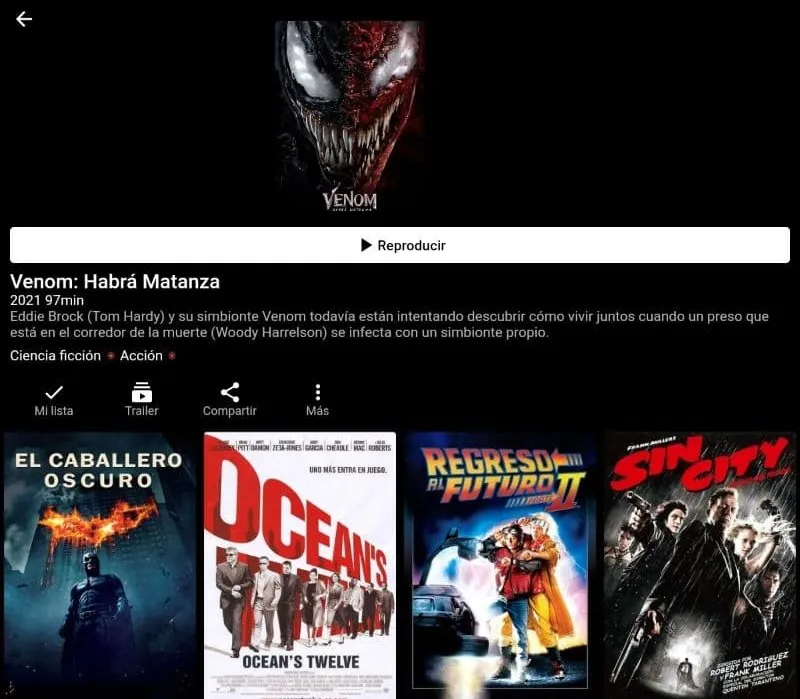 PlayHub Plus mostrando una vista previa de una película, en el cual se observa el botón “Reproducir”.