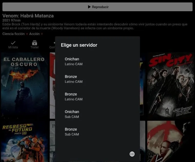 Ventana de vista previa de una película en PlayHub Plus mostrando el modal para seleccionar un servidor.