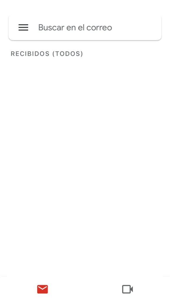 Pantalla de inicio de la app de Gmail. Esta es la pantalla que te aparece si tienes Gmail corriendo en el segundo plano y lo vuelves a abrir.
