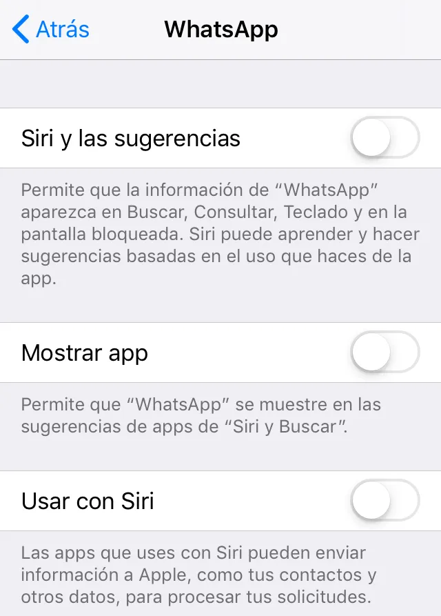 Botones desactivados de las opciones “Siri y las sugerencias” y “Mostrar app” para la app de WhatsApp en el menú de “Siri y Buscar”.