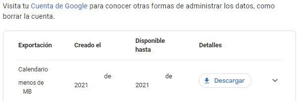 Página mostrando el archivo comprimido generado por Google Takeout, el cual muestra el botón “Descargar”. 
