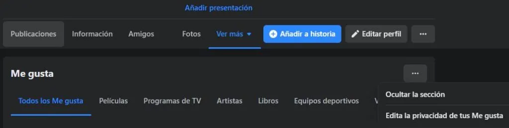 Página “Me gusta” de un usuario de Facebook, en donde se observa un icono con tres puntos al lado del título “Me gusta”, el cual muestra un menú con la opción “Edita la privacidad de tus Me gusta”.
