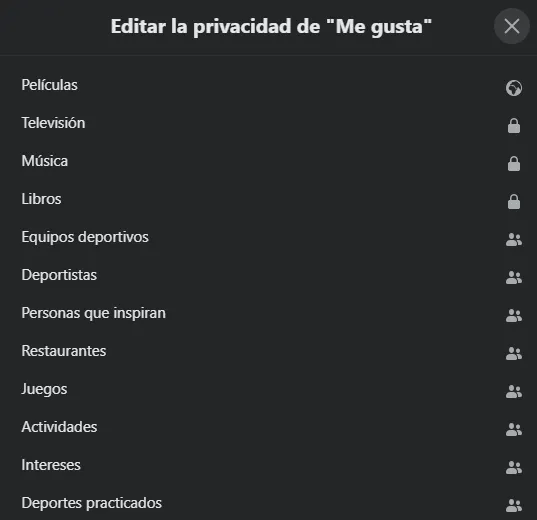Modal de la opción “Edita la privacidad de tus Me gusta”, el cual muestra una lista de categorías, y en donde cada categoría tiene un icono.