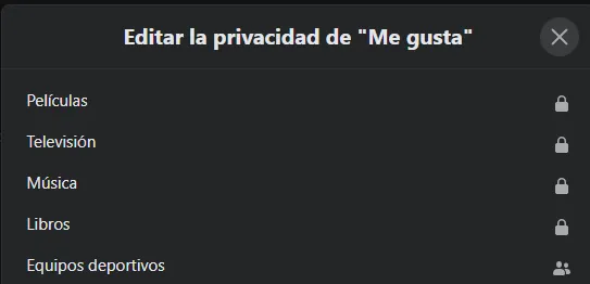 Modal “Edita la privacidad de tus Me gusta”, en donde se observa un icono en forma de candado al lado de la categoría “Películas”.