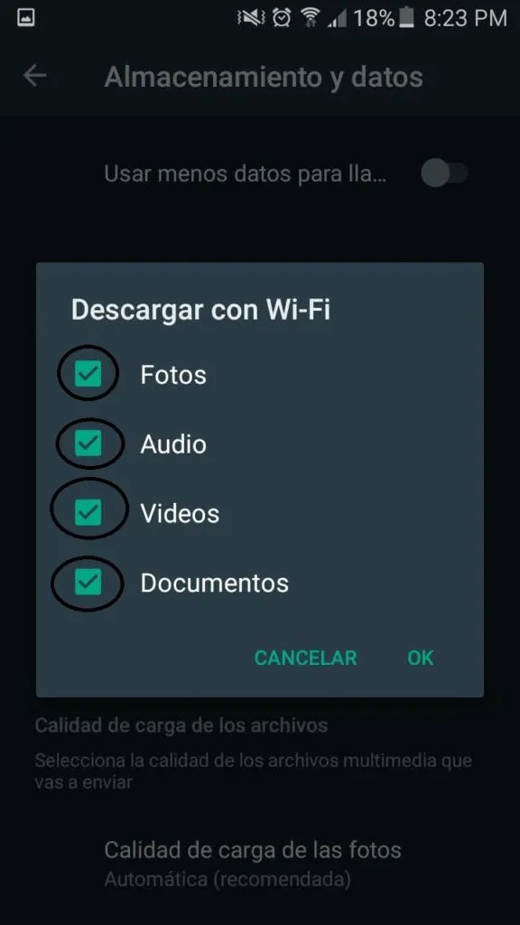 descargar multimedia mediante wifi en whatsapp