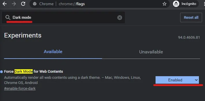 activar modo oscuro en chrome
