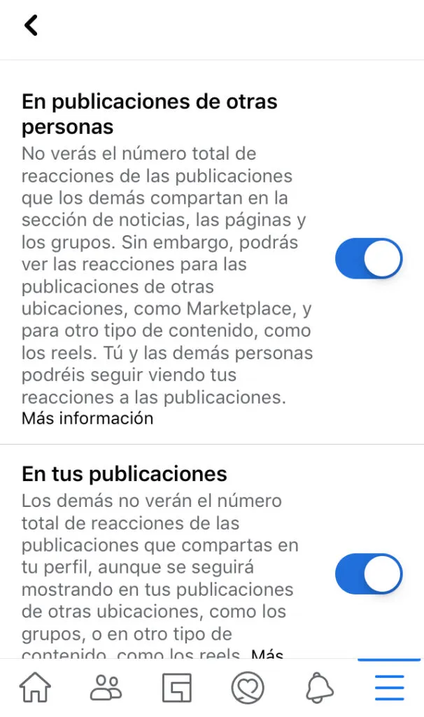 Menú del apartado “Preferencias de reacciones”, el cual muestra que las opciones “En publicaciones de otras personas” y “En tus publicaciones” están activadas.