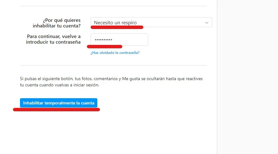 desactivar temporalmente una cuenta de instagram desde un navegador