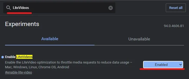 flag LiteVideos de chrome