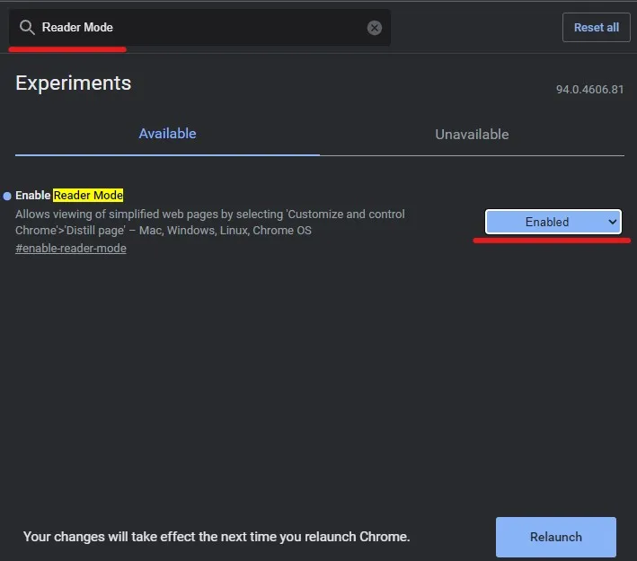 activar el flag de Modo Lectura en chrome