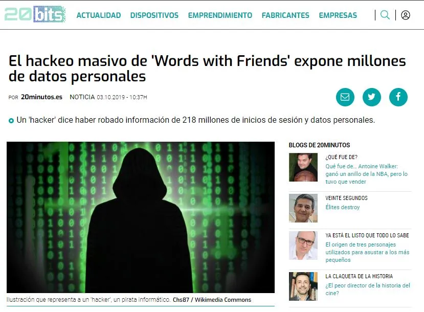 Noticia de 20minutos.es anunciando que un hacker robó los datos privados de más de 200 millones de personas que jugaban el juego Words with Friends.