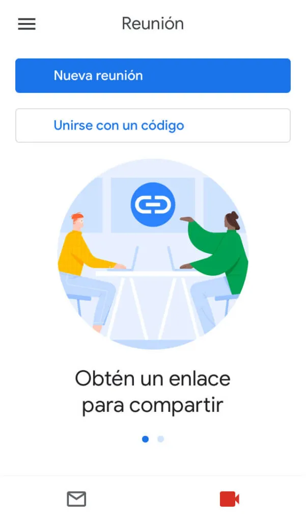 App de Gmail en un iPhone mostrando el icono de una cámara en el pie de la ventana, y el botón “Nueva reunión”.
