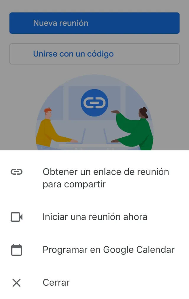 App de Gmail en un móvil mostrando un modal con tres opciones para iniciar una videollamada.