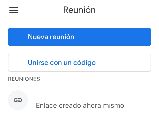 App de Gmail mostrando un enlace para entrar a una videollamada bajo un apartado llamado “REUNIONES”.