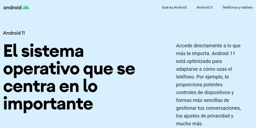 Sitio web oficial de Android 11.