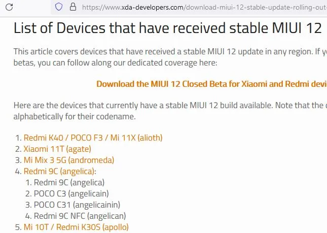 Sitio web de XDA News mostrando una lista de modelos de Xiaomi que son compatibles con MIUI 12.