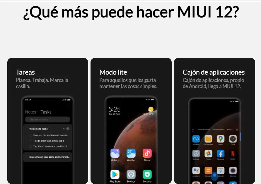 Sitio web oficial de MIUI 12 mostrando algunas de las nuevas funciones que tiene esta versión de MIUI. 