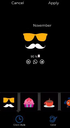 Vista previa del Always On Display en la app “Always On Display” de JZZ, el cual muestra que el reloj fue reemplazado por una imagen de unas gafas de sol y un bigote.