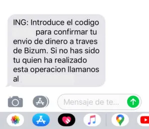 SMS del banco ING con un código de verificación de dos pasos para poder realizar un pago por Bizum.