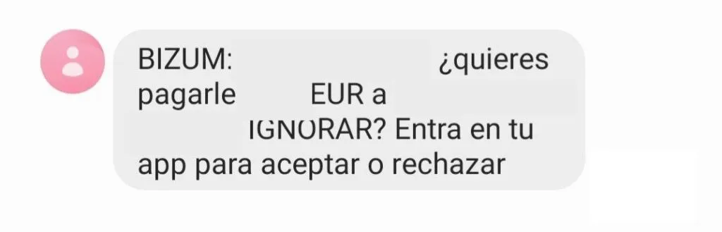SMS que te envía Bizum si alguien te pide dinero por este servicio de pagos, el cual te pregunta si quieres aceptar o rechazar esta transacción.