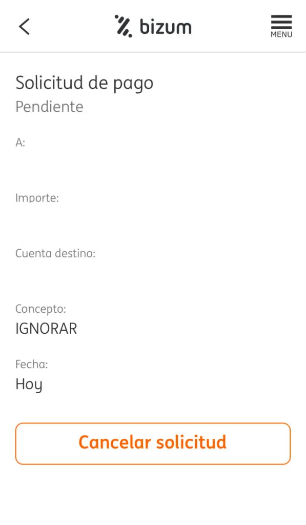 Servicio de Bizum de la app del banco ING mostrando un botón que dice “Cancelar solicitud”. 