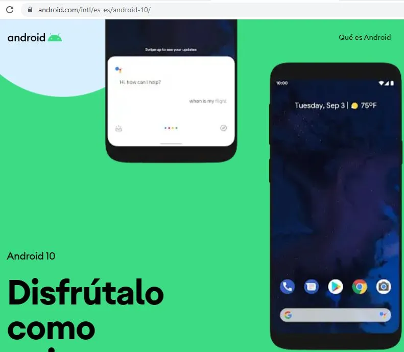 Sitio web oficial de Android 10.