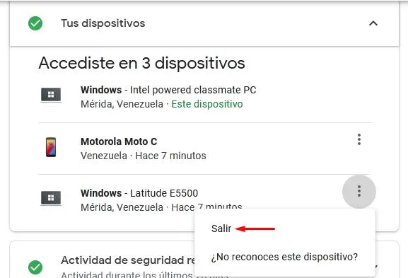 Elegir el dispositivo en el que se quiere cerrar la sesión