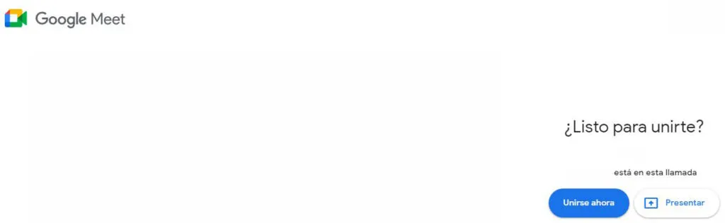 Ventana de Google Meet mostrando una vista previa de una videollamada entre dos personas.