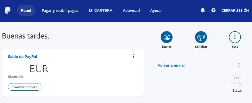 Página de inicio de la cuenta de PayPal de un usuario mostrando el icono del engranaje en la barra de navegación de la página web.