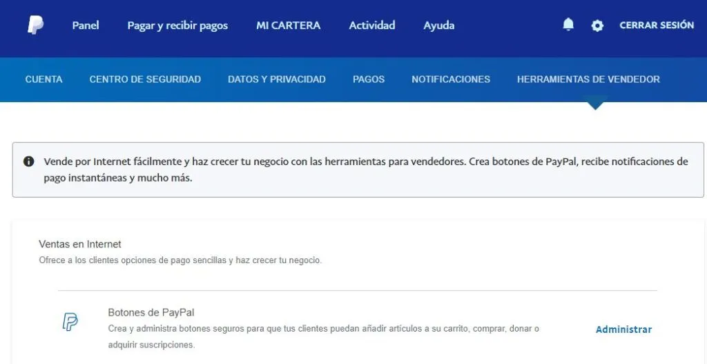 Página de ajustes de PayPal, en el cual se observa el apartado llamado “HERRAMIENTAS DE VENDEDOR”.