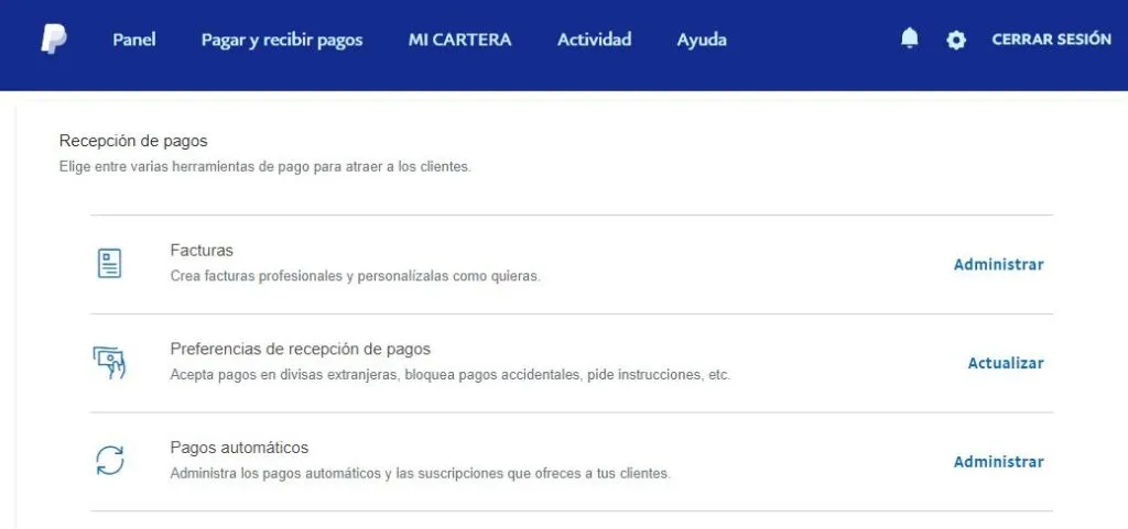 Página de “Herramientas de vendedor” de PayPal, en el cual se puede observar el apartado “Facturas” y la opción “Administrar”.