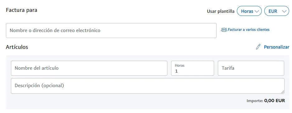 Plantilla de factura tipo “Horas” de PayPal mostrando una casilla llamada “Horas”.