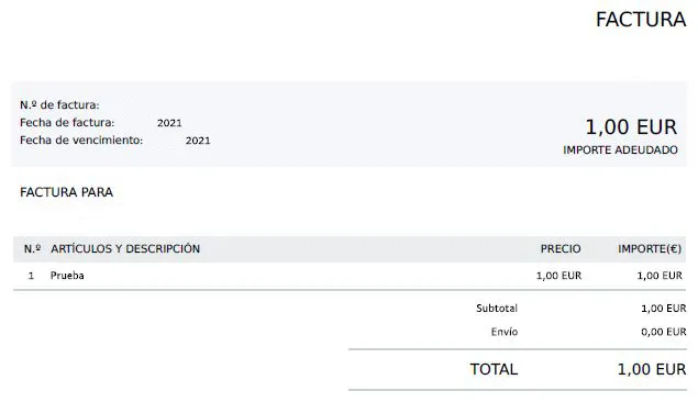 Factura creada en PayPal en formato PDF.