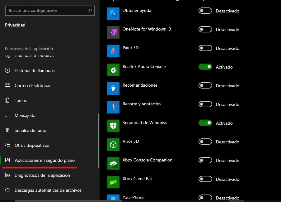 desactivar aplicaciones en segundo plano de windows