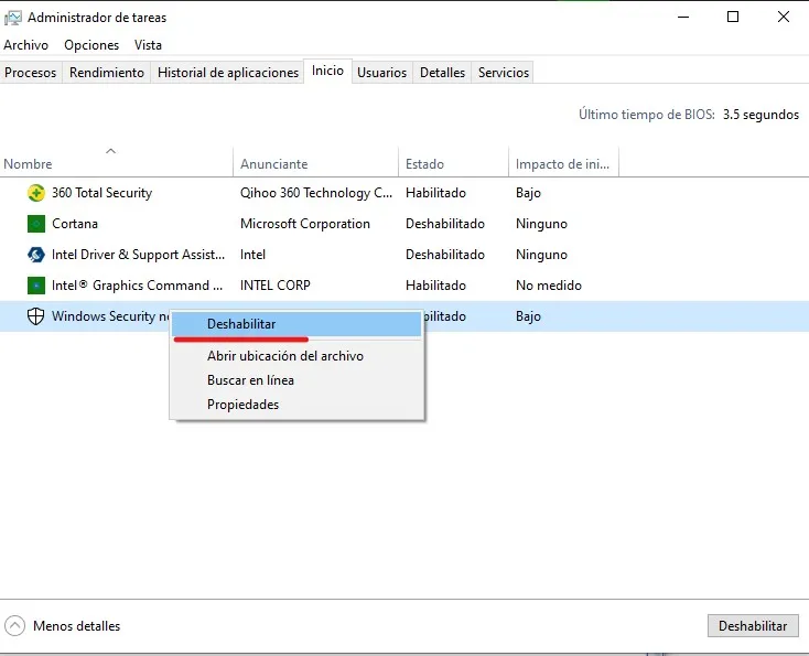 deshabilitar arranque automático en windows 