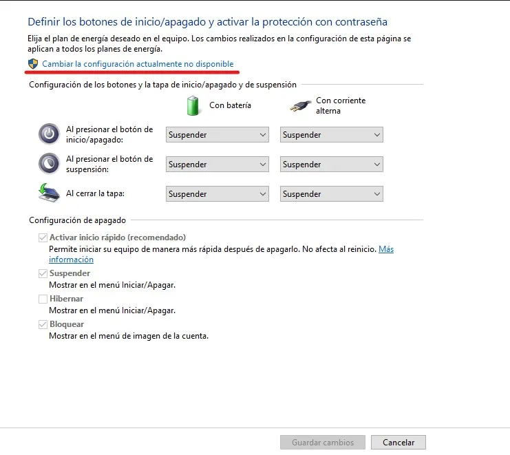 opciones de energia en windows 10