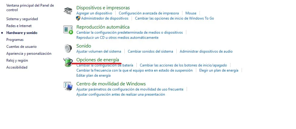 opciones de energia windows